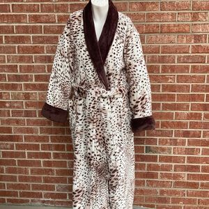 Natori Cheetah/Brown Faux Fur Trim Long Robe